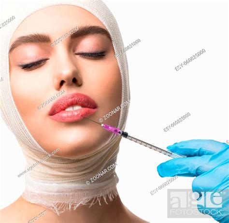 Gorgeous Woman Her Head And Neck Bandaged Getting Beauty Lips Injection
