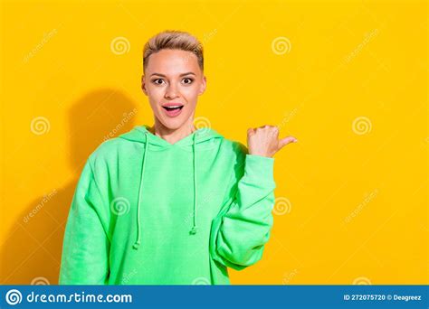 Photo Of Funny Surprised Short Blonde Hairstyle Woman Wear Green Hoodie