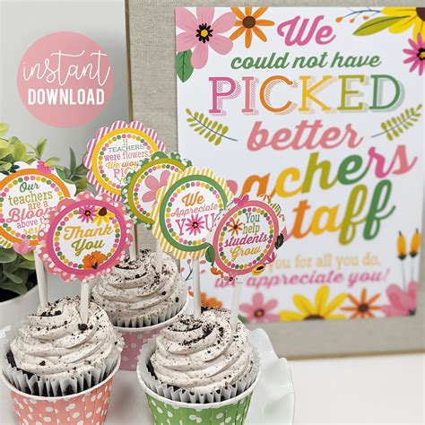 Teacher Appreciation Print And Cupcake Toppers Flower Theme Teacher