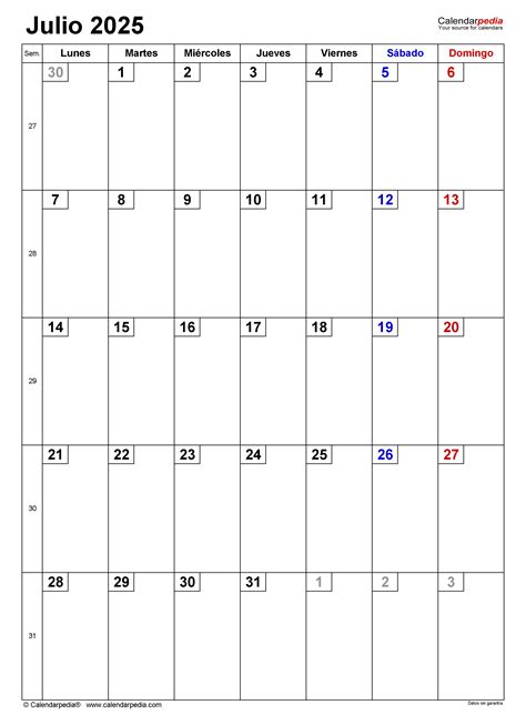 Calendario Julio 2025 En Word Excel Y Pdf Calendarpedia