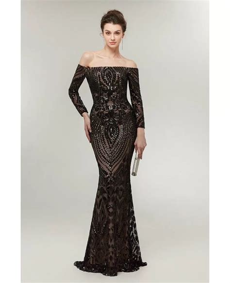 Sexy Black Long Sequin Tight Prom Dress Off The Shoulder Sleeves C