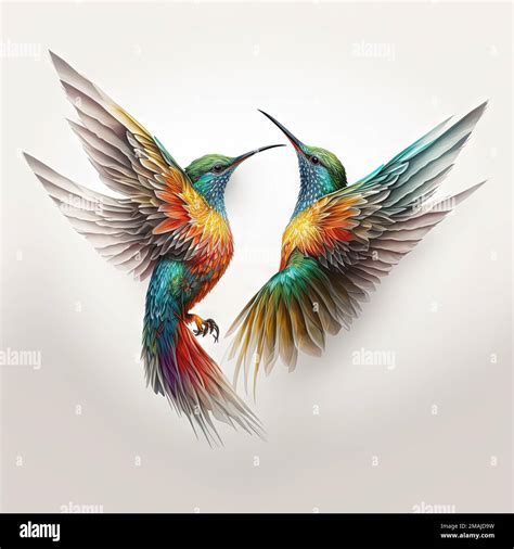 Two Colorful Birds With Wings Spread Out To Each Other Facing Each