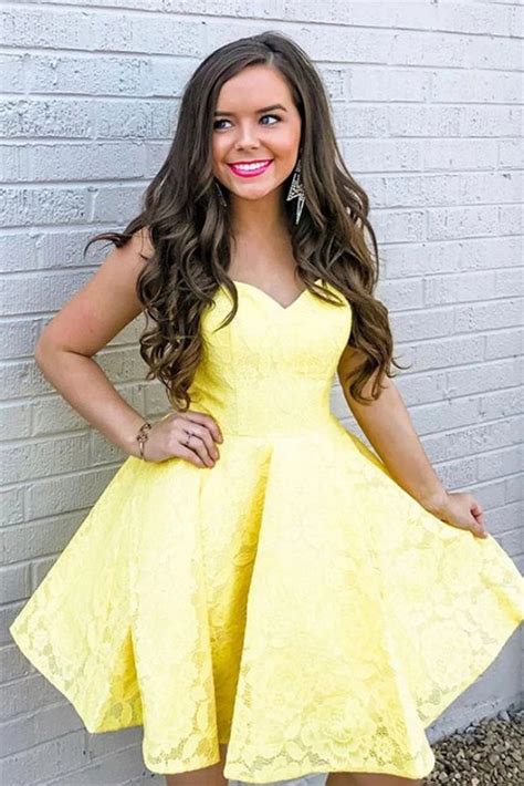 Strapless Yellow Lace Short Prom Dress Homecoming Dress Lace Yellow F Abcprom