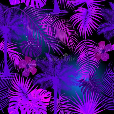 Tropical Neon 3d Seamless Pattern Illuminated Palm Leaves Glowing