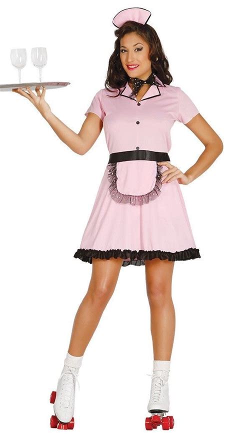 Ladies 50s Diner Costume Pink Waitress Outfit Fancy Dress Ebay Waitress Outfit Waitress