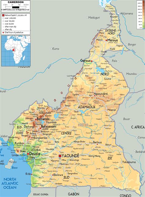 Large Detailed Physical Map Of Cameroon With All Cities Airports And