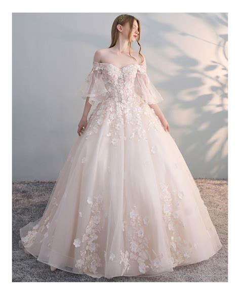 Off Shoulder Ballgown Flowers Princess Wedding Dress