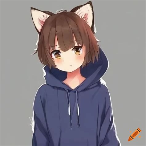 Cute Anime Fox Girl In A Navy Hoodie