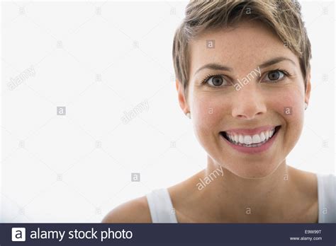 Close Up Portrait Of Smiling Blonde Woman Stock Photo Alamy