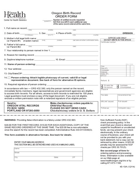 Birth Record Order Form Oregon Free Download