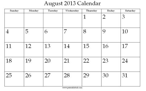 August 2013 Printable Calendar Printable Hub