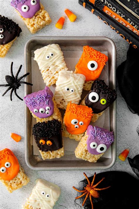 Halloween Mummy And Monster Rice Krispie Treats On A Halloween Dessert