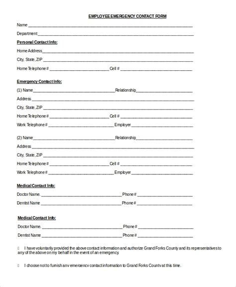 Free Printable Emergency Contact Form For Daycare