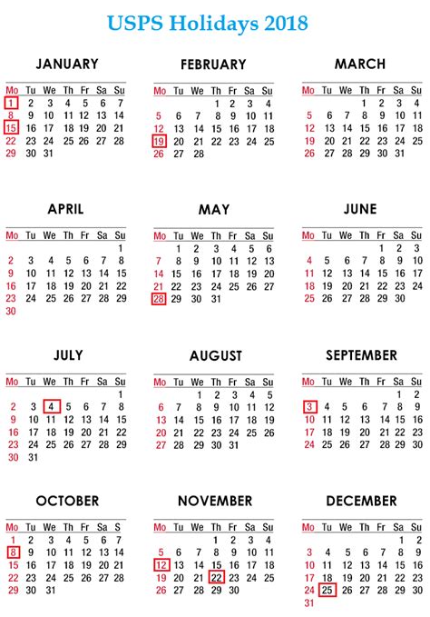 2018 Postal Holiday Calendar Usps Calendar Calendar Office 2020