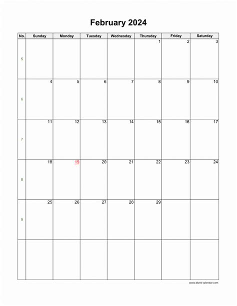 Download February 2024 Blank Calendar Vertical