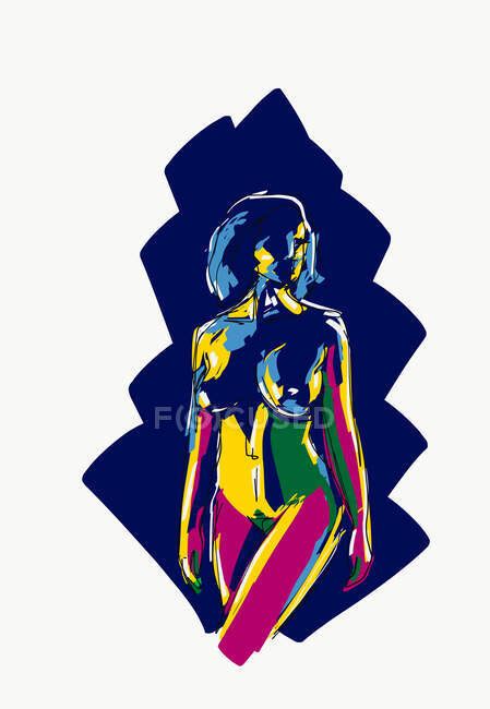 Vector Illustration Of Naked Fit Female With Colorful Body Against Blue