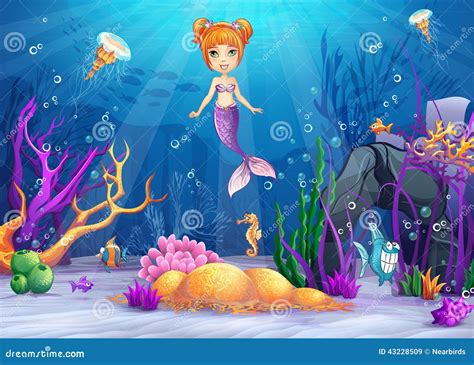 Illustration Of The Underwater World With A Funny Fish And A Mermaid