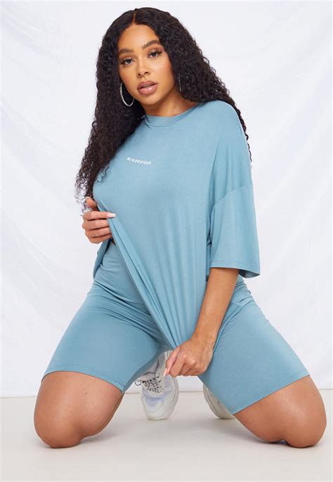 Plus Size Blue Missguided T Shirt And Biker Shorts Co Ord Set | Missguided