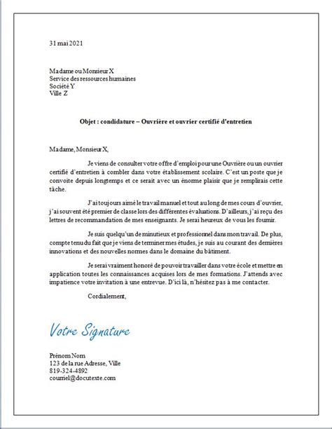 Lettre De Présentation Ouvrière Et Ouvrier Certifié Dentretien