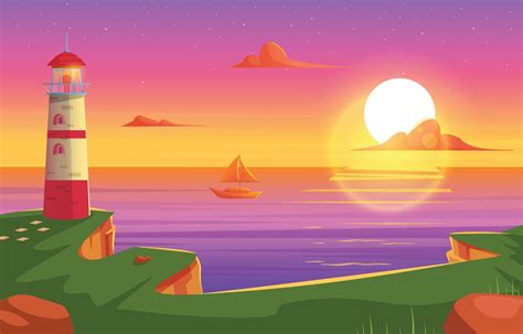 Beach Sunset With Lighthouse Cartoon Scenery Background 6823047 Vector