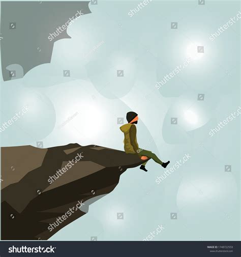 Illustration Man Sitting On Edge Cliff เวกเตอร์สต็อก ปลอดค่าลิขสิทธิ์
