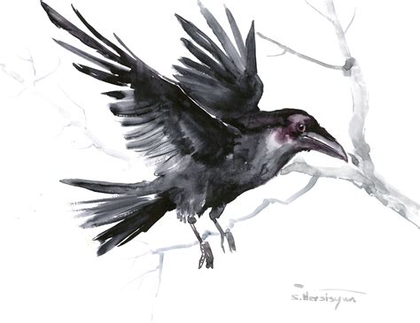 Flying Crow Raven Original Watercolor Painting Crow Lover Art Raven