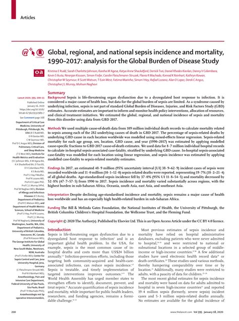 Pdf Global Regional And National Sepsis Incidence And Mortality