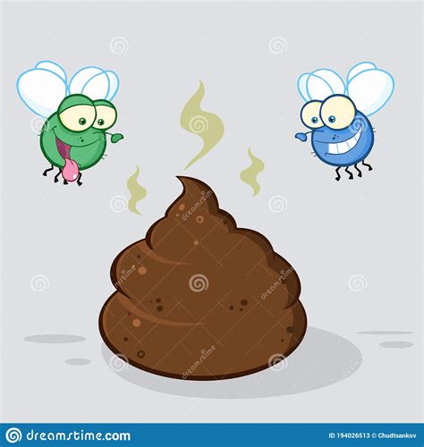 Two Flies Hovering Over Pile Of Smelly Poop Cartoon Characters Stock