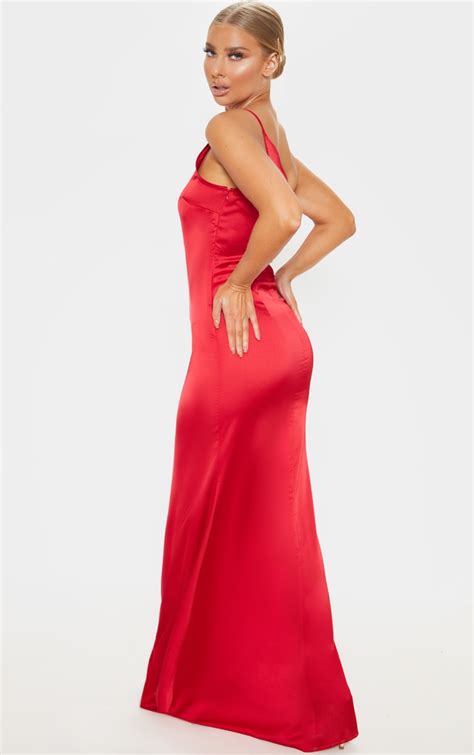 Red Satin One Shoulder Maxi Dress Dresses Prettylittlething