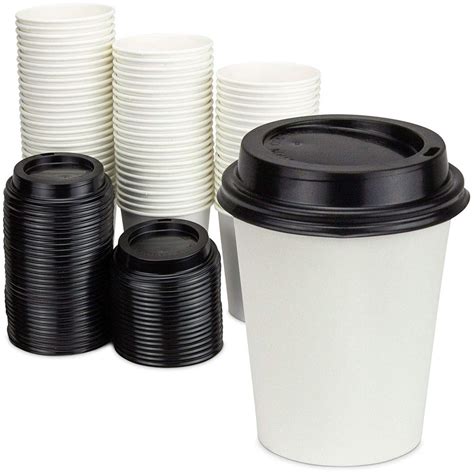 100 Pack 8 Oz Disposable White Paper Cups With Black Lids On The Go