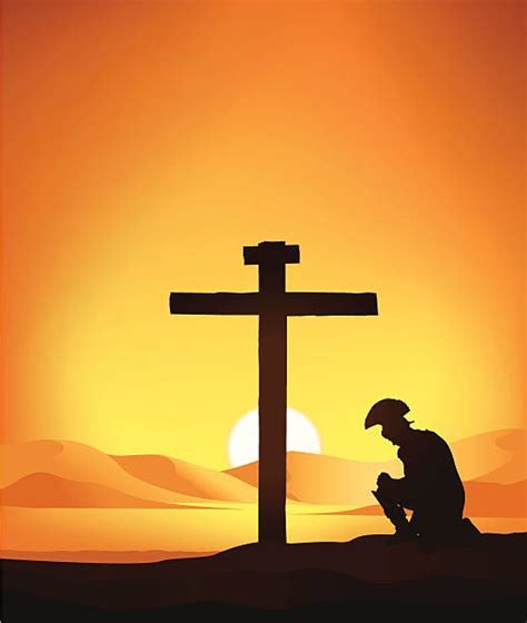 Man Kneeling Cross Jesus Christ Silhouettes Illustrations Royalty Free