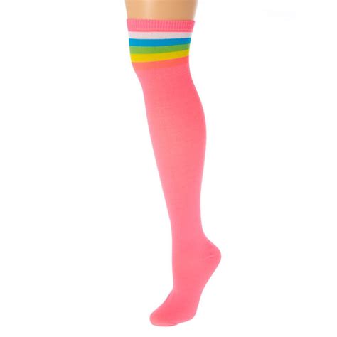 Neon Stiped Over The Knee Socks Pink Claires Us