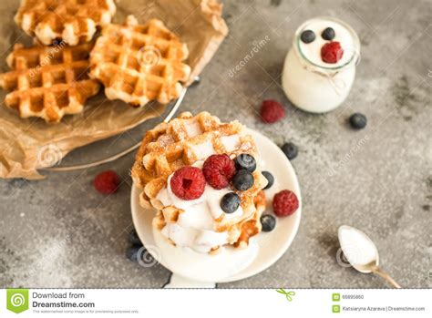 Homemade Belgian Waffles With Forest Fruits Blueberries Raspberries