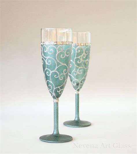 Teal Wedding Glasses Champagne Flutes Hand Painted Set Of 2