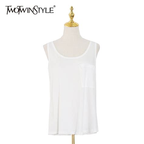 Twotwinstyle Casual Loose Women Vest V Neck Sleeveless Irregular Minimalist Tank Tops For Female
