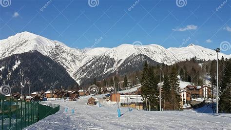 Ski Resort Snow Capped Mountains Ski Slopes Cottage Village