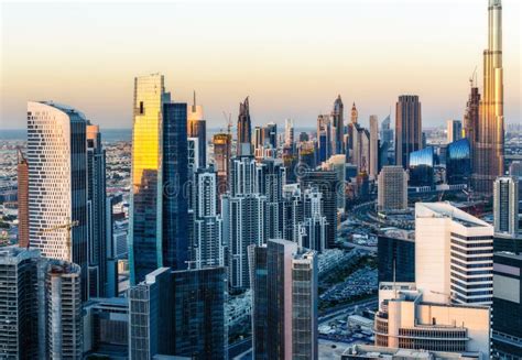 Aerial View Of Dubai Business Bay Towers At Sunset Stock Image Image