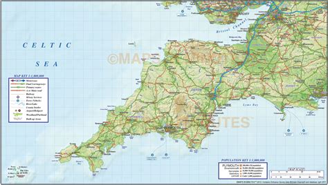 South West England County Road And Rail Map With Regular Relief 1m Scale