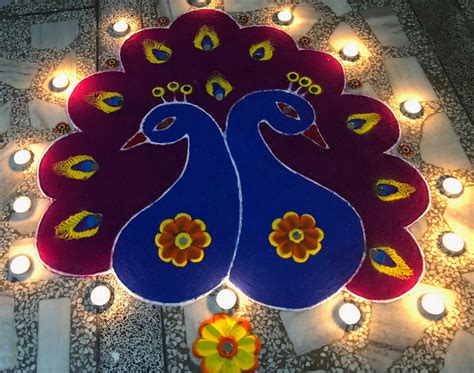 Easy Peacock Rangoli Design For Diwali To Welcome Goddess Lakshmi