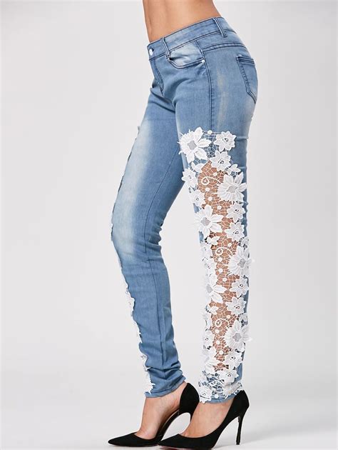 Bleach Wash Lace Trim Ankle Skinny Jeans Women Jeans Skinny Jeans