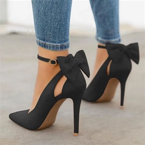 new bow pumps women high heels pointed toe stiletto pumps sexy party woman black wedding shoes