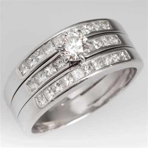 Platinum Three Band Diamond Engagement Ring Wedding Set