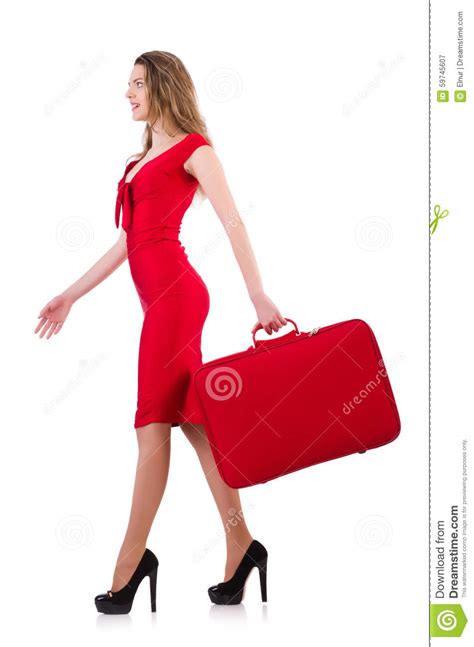 Young Woman In Red Dress With Suitcase Isolated On Stock Image Image
