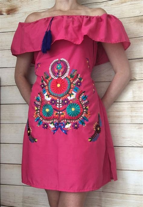 Womens Medium Pink Mexican Peasant Dress Embroidered Off The Shoulder Wedding Handmade