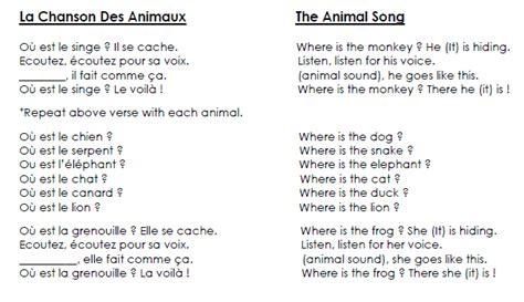 La Chanson Des Animaux The Animal Song Songs For Teaching