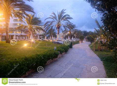 Park Zone In Empty Resort Place In The Seaside With Hotel Buildings And