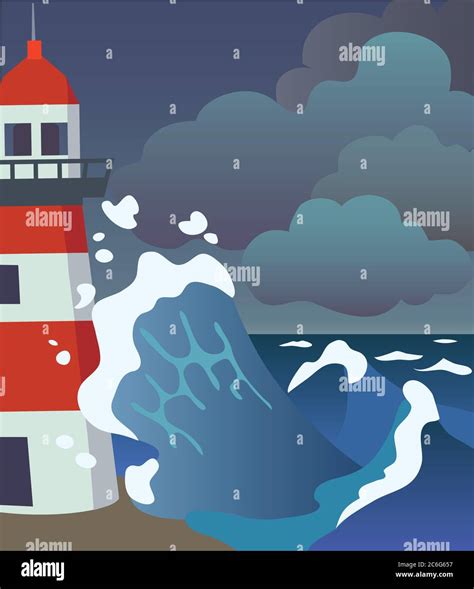 Sea Storm Vector Illustration With Lighthouse Clouds And Waves Stock