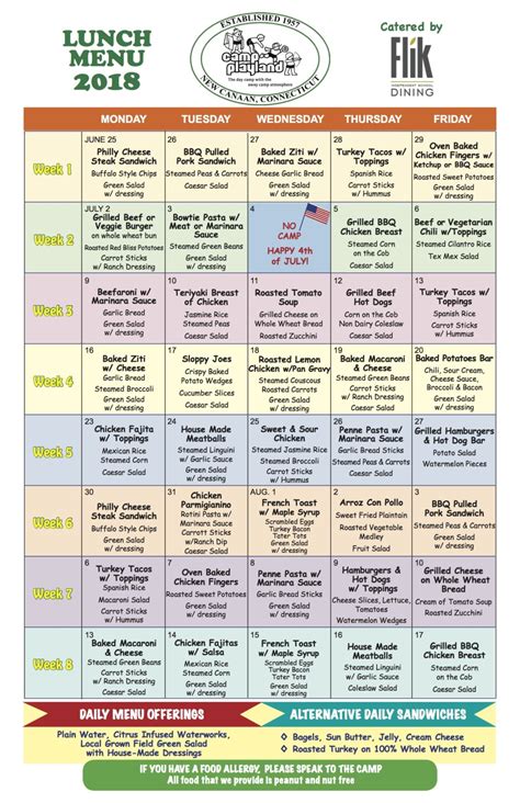CP LUNCH MENU 18 (1) | Summer Day Camp in CT | Camp Playland of New Canaan