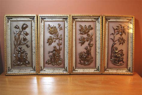 Vintage 1950s Metalcraft Four Seasons Gold And Ivory Wall Hangings