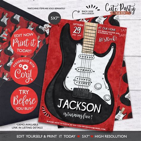 Instant Download Editable Rock Star Party Invitation Rock Guitar